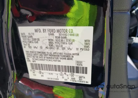 2012 Ford Escape Xlt из США, поврежденный, VIN 1FMCU0D71CKC10734